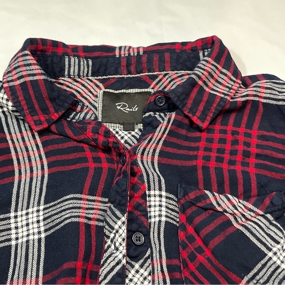 Rails RED BLUE White PLAID button up SHIRT Womens Long Sleeved collared RAYON S - Picture 11 of 15